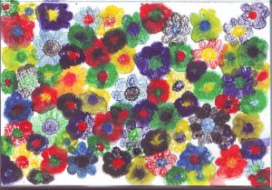 Colorful Flowers Red Blue Green Orange done with Water Color Pencils
