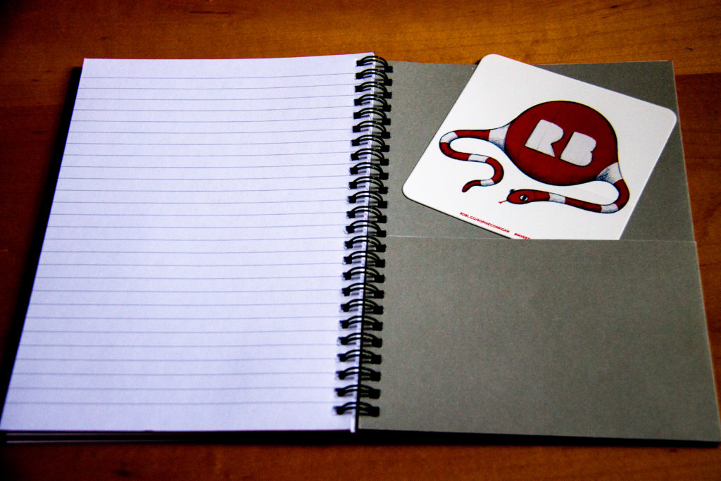 Redbubble notebook inside (with folder and RB snake sticker by Sophie Corrigan